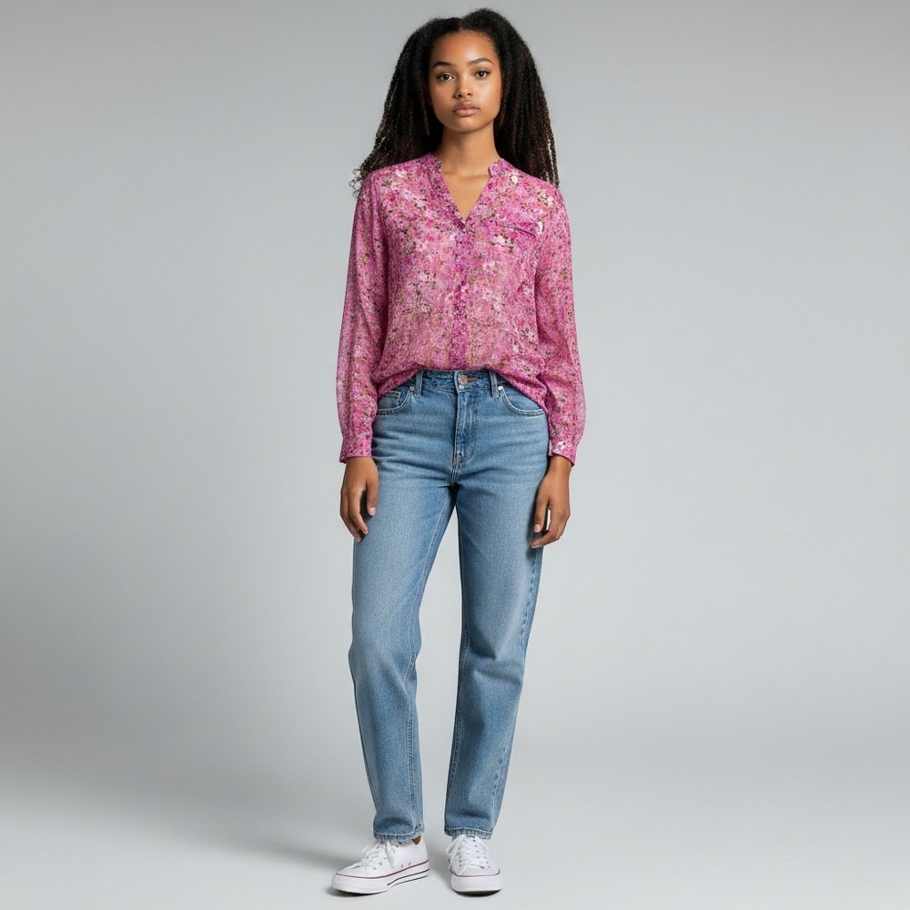 Unbranded Floral Button Down Blouse Womens M Pink Sheer Long Sleeve Excellent